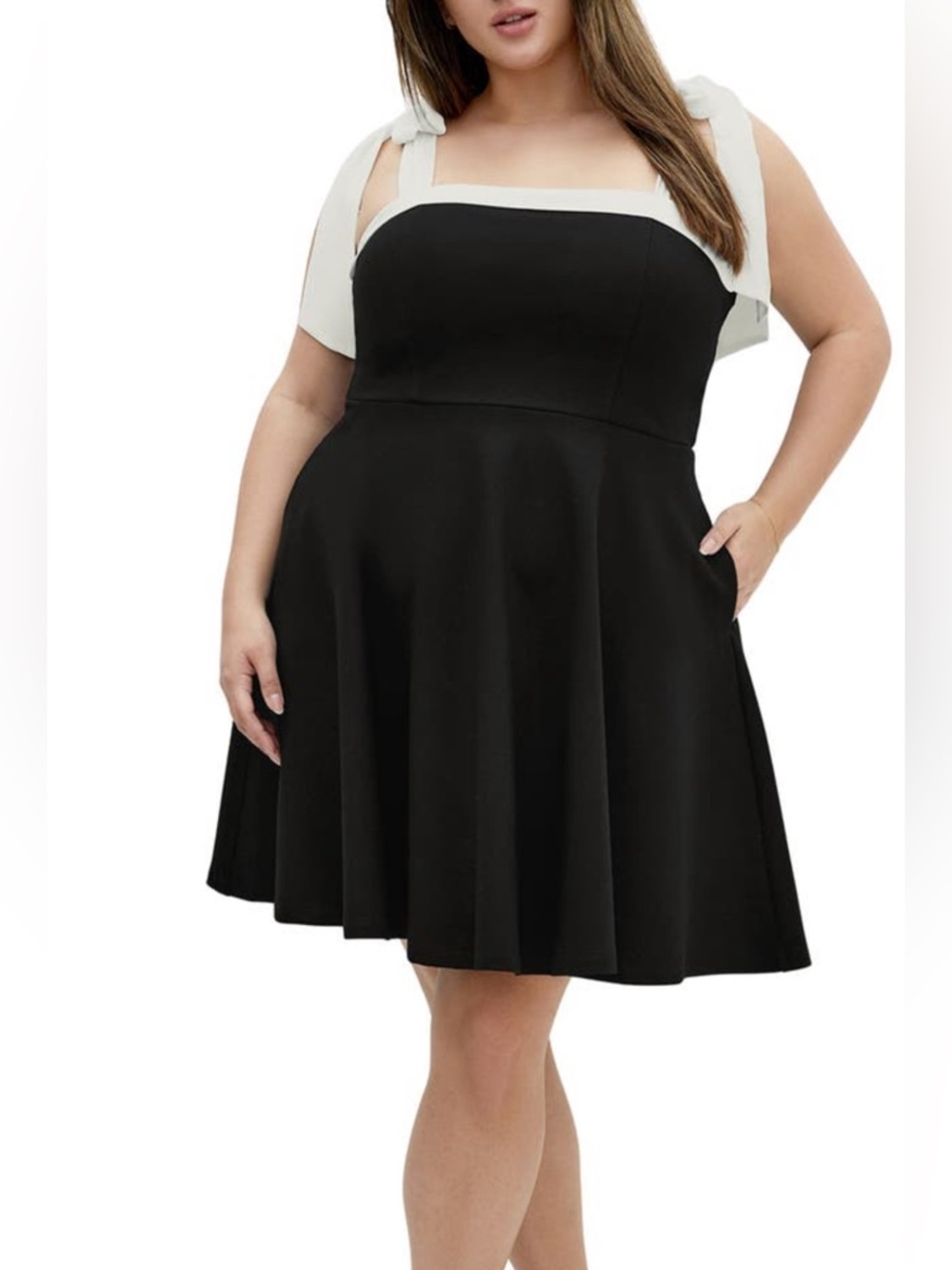 City Chic Black Dress with White Tie-Shoulder Accents